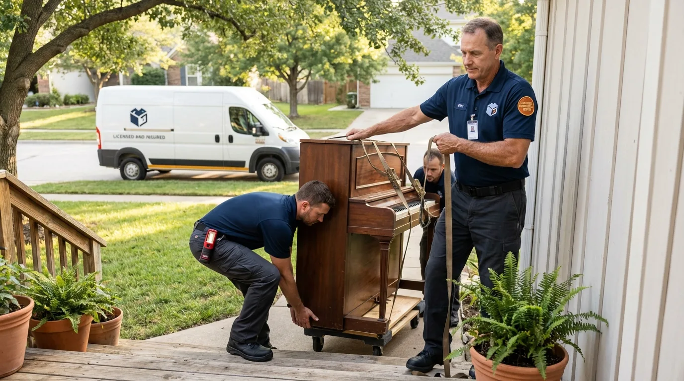 Licensed piano movers securing grand piano in Gladstone, OR