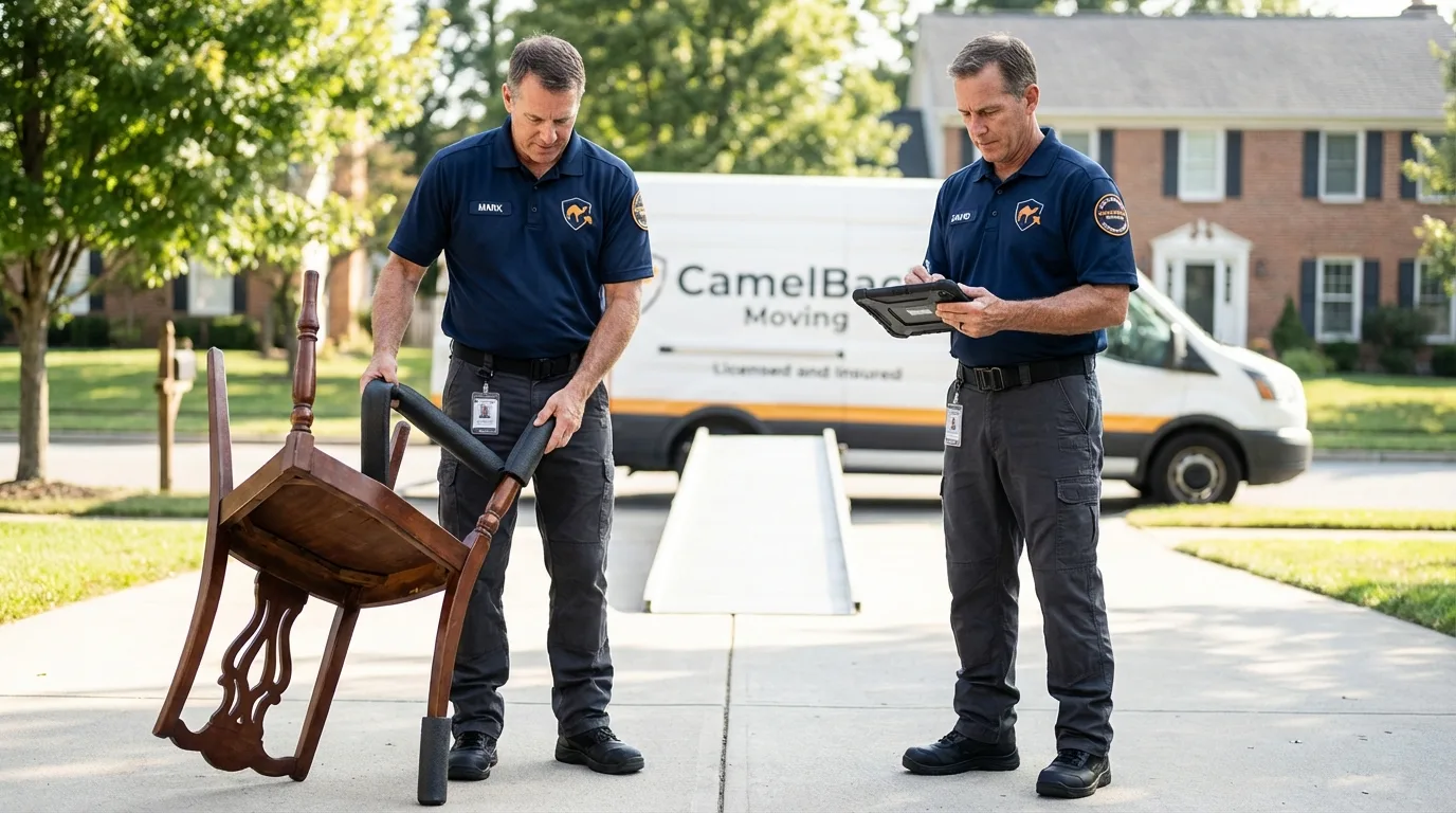 Movers inspecting furniture for damage prevention before loading in Gladstone, OR
